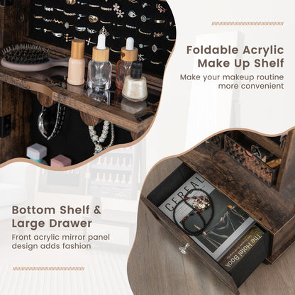 47 Inch Lockable Jewelry Armoire with 3-Color LED Lights & Full-Length Mirror - Rustic Brown