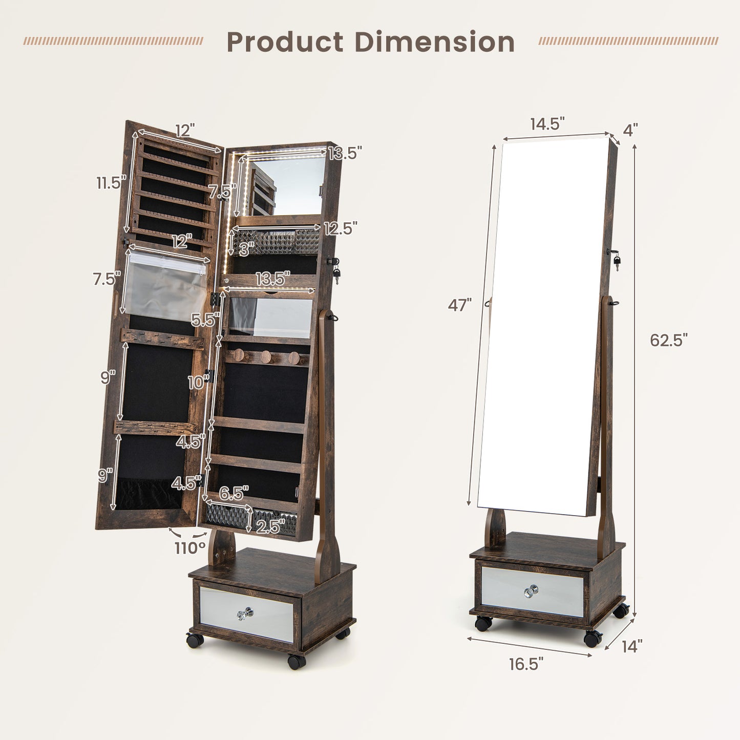 47 Inch Lockable Jewelry Armoire with 3-Color LED Lights & Full-Length Mirror - Rustic Brown