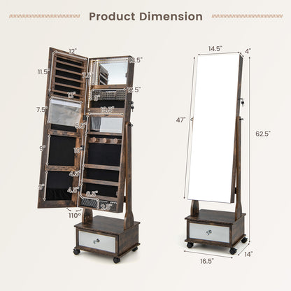 47 Inch Lockable Jewelry Armoire with 3-Color LED Lights & Full-Length Mirror - Rustic Brown