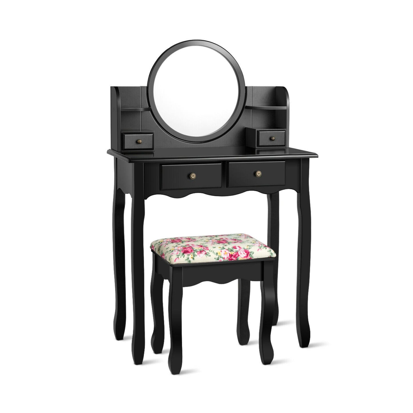 Girls Makeup Vanity Set with Oval Mirror, 4 Drawers & Cushioned Stool – Black