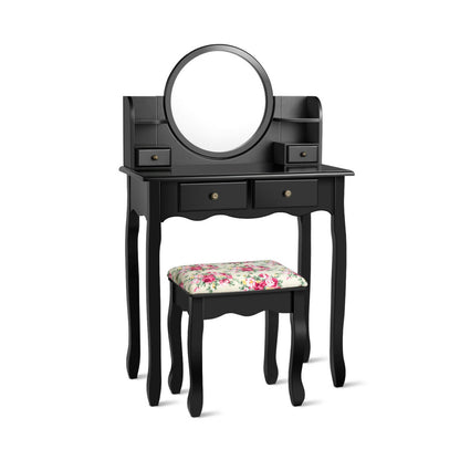 Girls Makeup Vanity Set with Oval Mirror, 4 Drawers & Cushioned Stool – Black
