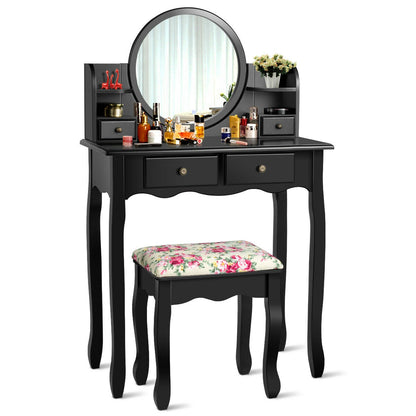 Girls Makeup Vanity Set with Oval Mirror, 4 Drawers & Cushioned Stool – Black