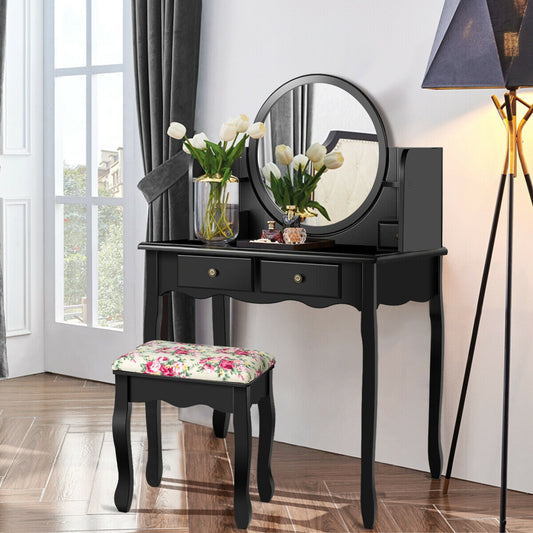 Girls Makeup Vanity Set with Oval Mirror, 4 Drawers & Cushioned Stool – Black
