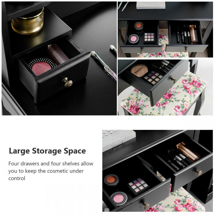 Girls Makeup Vanity Set with Oval Mirror, 4 Drawers & Cushioned Stool – Black