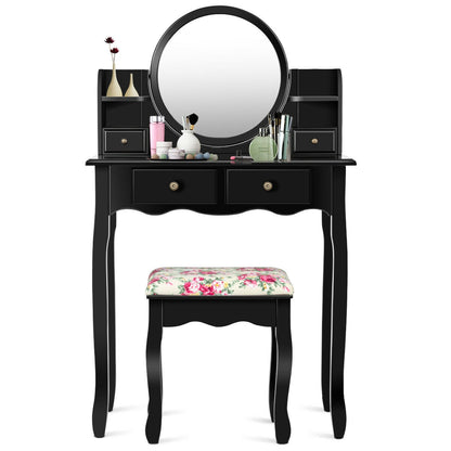 Girls Makeup Vanity Set with Oval Mirror, 4 Drawers & Cushioned Stool – Black