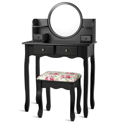 Girls Makeup Vanity Set with Oval Mirror, 4 Drawers & Cushioned Stool – Black