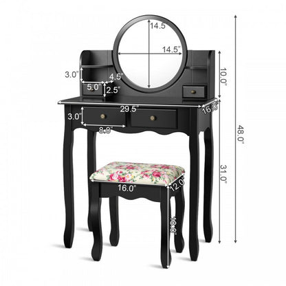 Girls Makeup Vanity Set with Oval Mirror, 4 Drawers & Cushioned Stool – Black