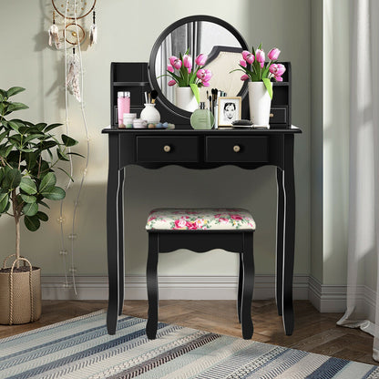 Girls Makeup Vanity Set with Oval Mirror, 4 Drawers & Cushioned Stool – Black