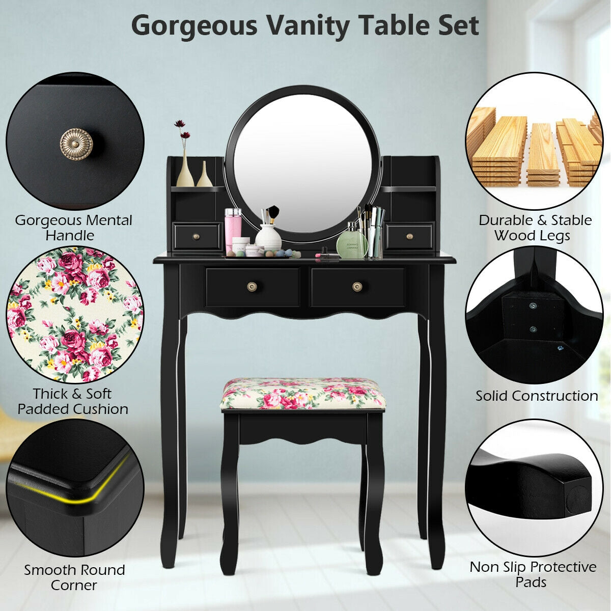 Girls Makeup Vanity Set with Oval Mirror, 4 Drawers & Cushioned Stool – Black