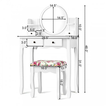 Girls Makeup Vanity Set with Oval Mirror, 4 Drawers & Cushioned Stool – White