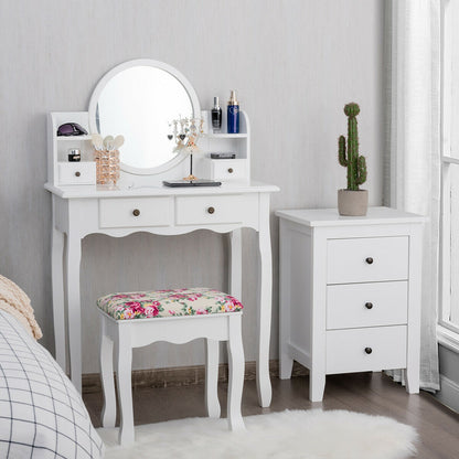 Girls Makeup Vanity Set with Oval Mirror, 4 Drawers & Cushioned Stool – White