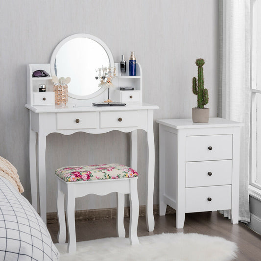 Girls Makeup Vanity Set with Oval Mirror, 4 Drawers & Cushioned Stool – White