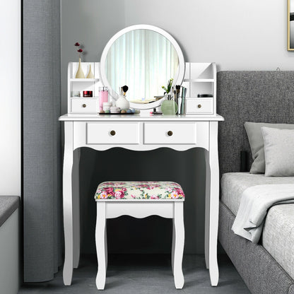 Girls Makeup Vanity Set with Oval Mirror, 4 Drawers & Cushioned Stool – White