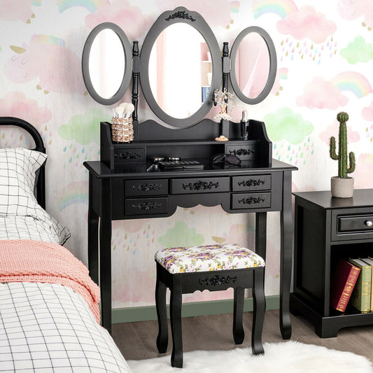 Vanity Set with Tri-Folding Mirror, 7 Storage Drawers, and Cushioned Stool - Black