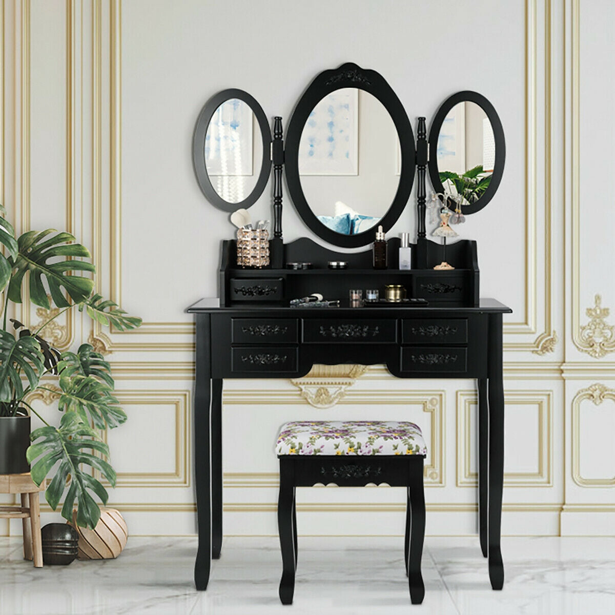 Vanity Set with Tri-Folding Mirror, 7 Storage Drawers, and Cushioned Stool - Black