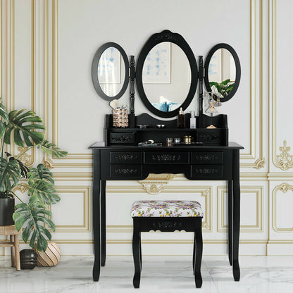 Vanity Set with Tri-Folding Mirror, 7 Storage Drawers, and Cushioned Stool - Black