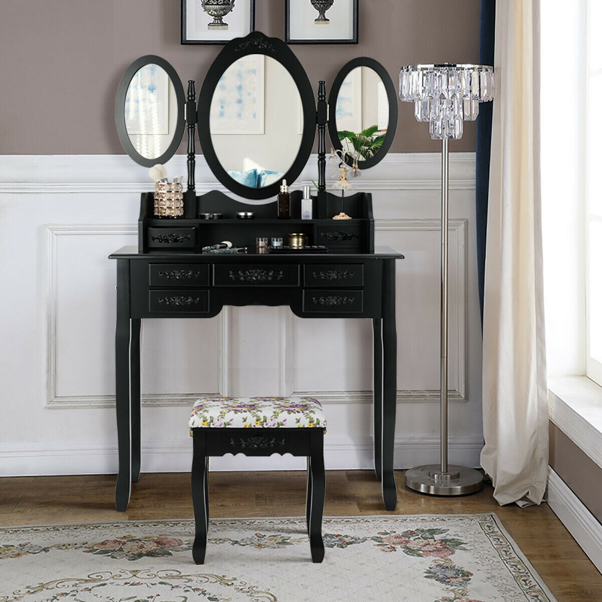 Vanity Set with Tri-Folding Mirror, 7 Storage Drawers, and Cushioned Stool - Black