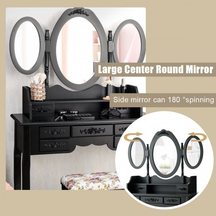 Vanity Set with Tri-Folding Mirror, 7 Storage Drawers, and Cushioned Stool - Black