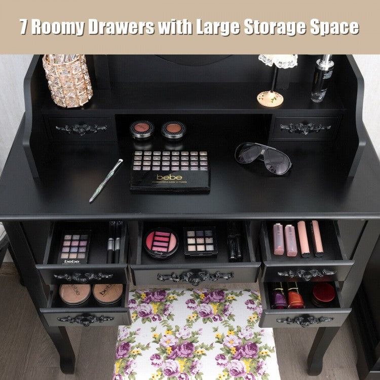 Vanity Set with Tri-Folding Mirror, 7 Storage Drawers, and Cushioned Stool - Black
