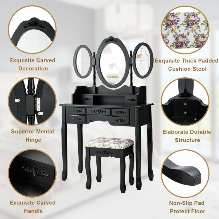 Vanity Set with Tri-Folding Mirror, 7 Storage Drawers, and Cushioned Stool - Black