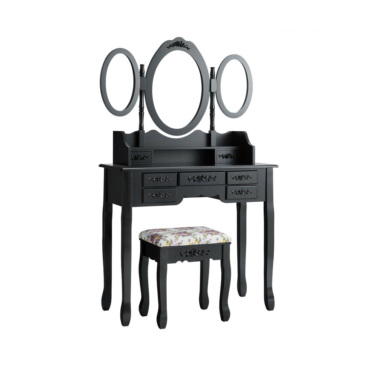 Vanity Set with Tri-Folding Mirror, 7 Storage Drawers, and Cushioned Stool - Black