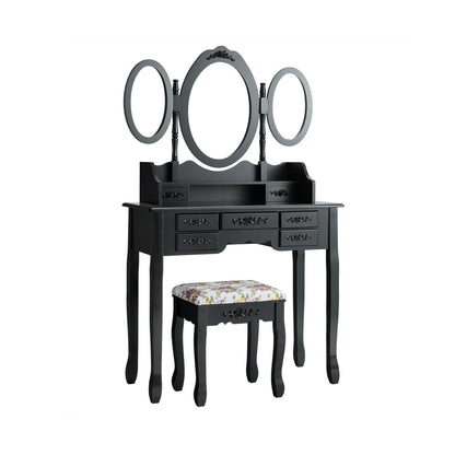 Vanity Set with Tri-Folding Mirror, 7 Storage Drawers, and Cushioned Stool - Black