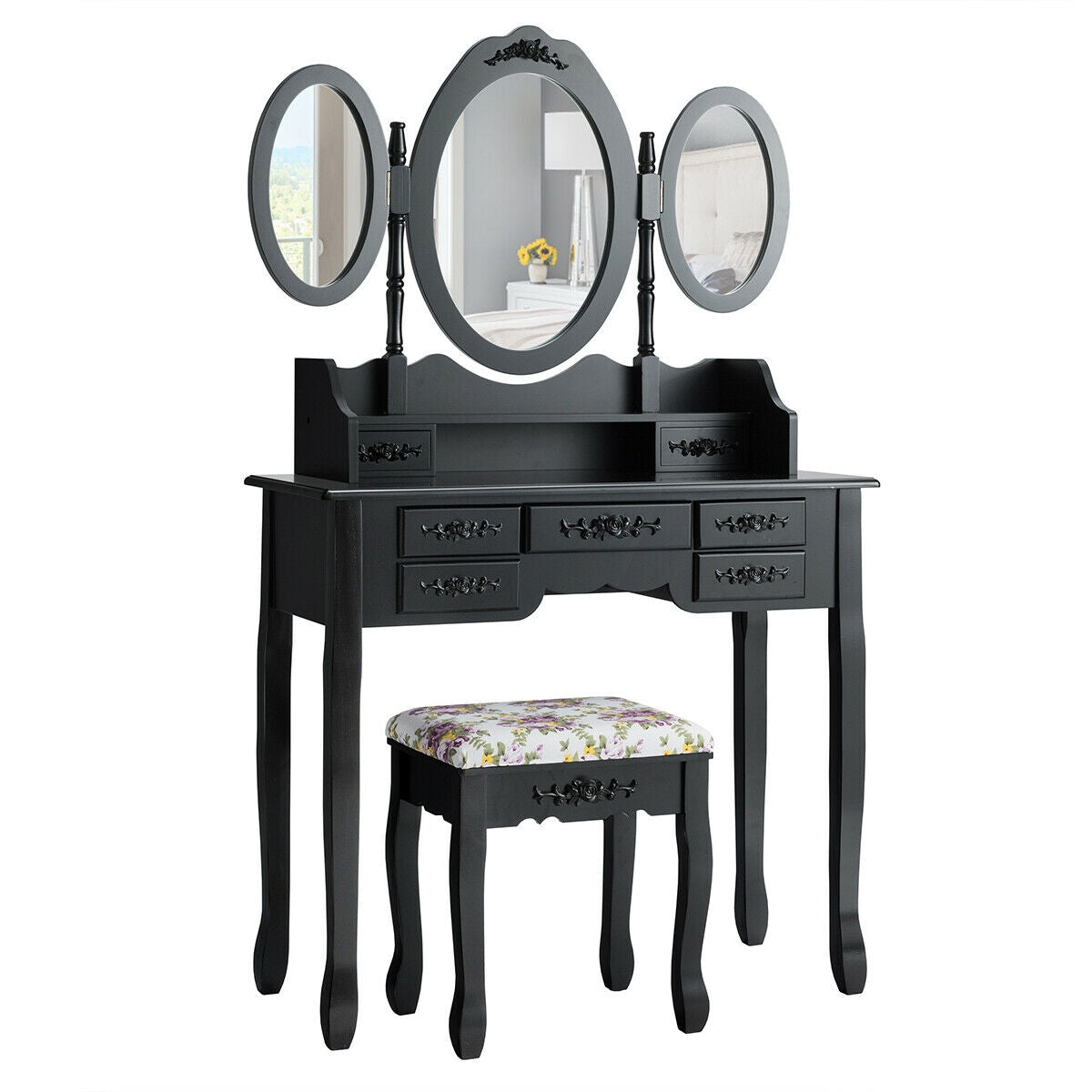 Vanity Set with Tri-Folding Mirror, 7 Storage Drawers, and Cushioned Stool - Black