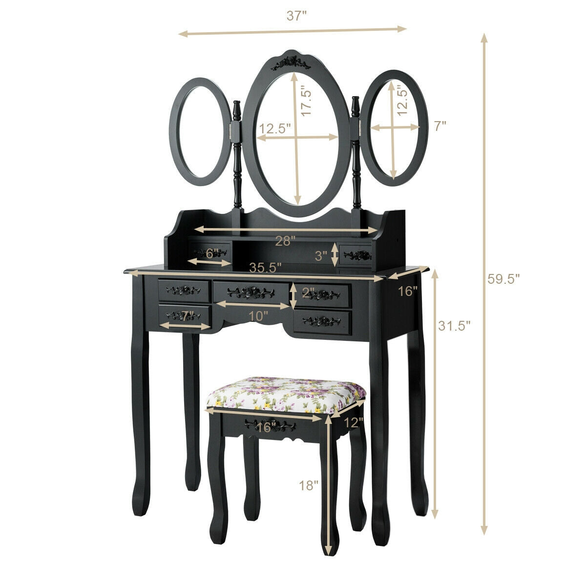 Vanity Set with Tri-Folding Mirror, 7 Storage Drawers, and Cushioned Stool - Black