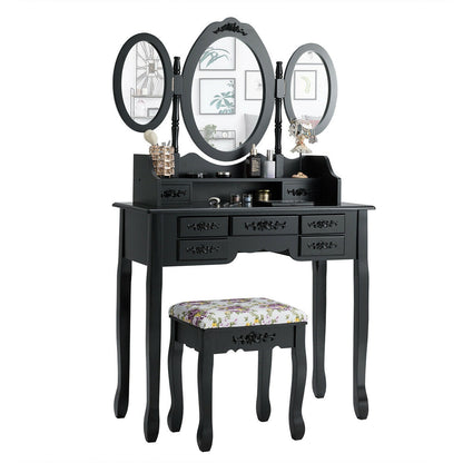 Vanity Set with Tri-Folding Mirror, 7 Storage Drawers, and Cushioned Stool - Black