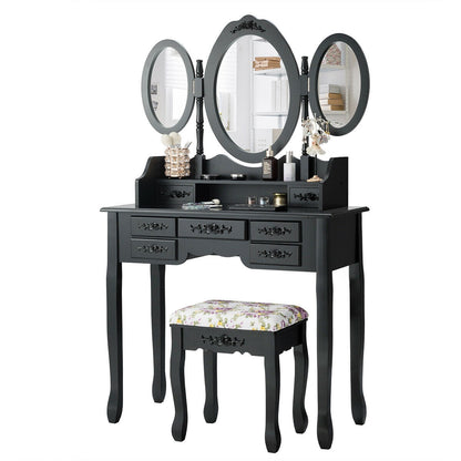 Vanity Set with Tri-Folding Mirror, 7 Storage Drawers, and Cushioned Stool - Black