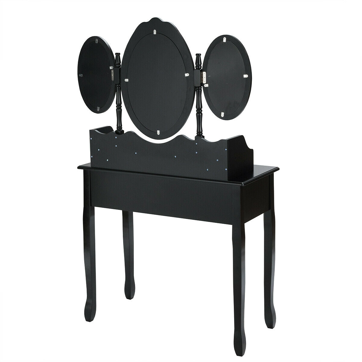 Vanity Set with Tri-Folding Mirror, 7 Storage Drawers, and Cushioned Stool - Black