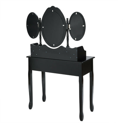Vanity Set with Tri-Folding Mirror, 7 Storage Drawers, and Cushioned Stool - Black