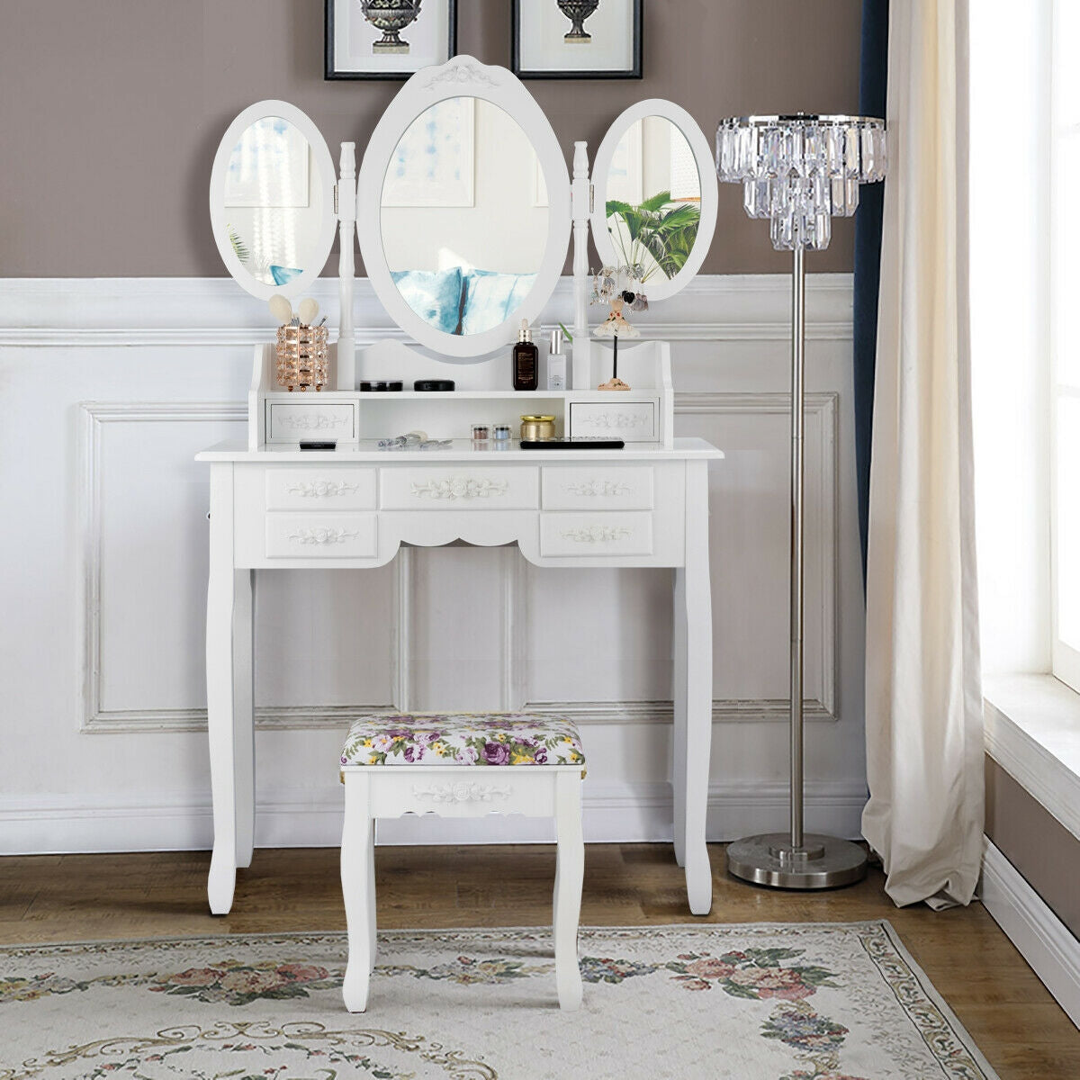 Vanity Set with Tri-Folding Mirror, 7 Storage Drawers, and Cushioned Stool - White