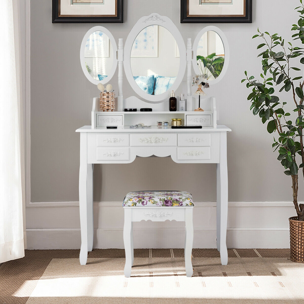 Vanity Set with Tri-Folding Mirror, 7 Storage Drawers, and Cushioned Stool - White