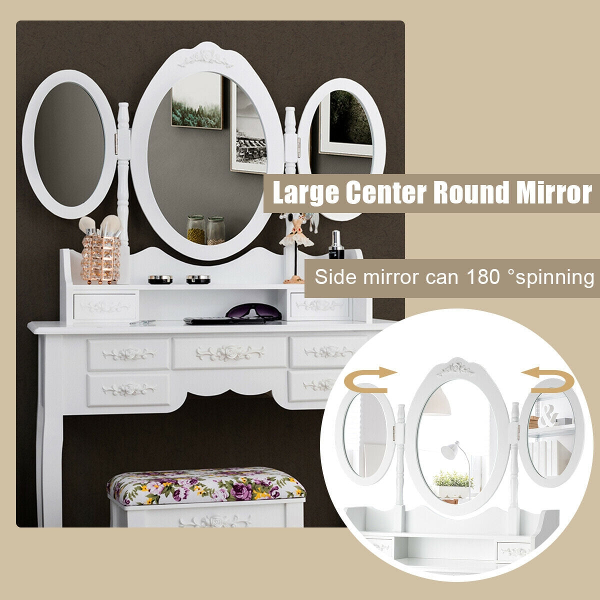 Vanity Set with Tri-Folding Mirror, 7 Storage Drawers, and Cushioned Stool - White