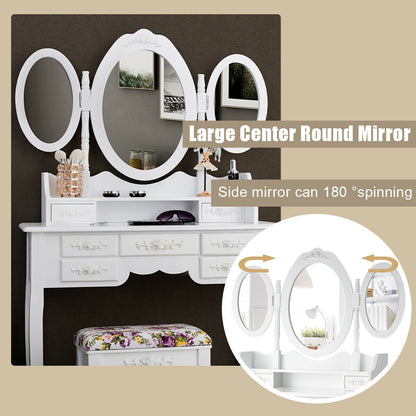 Vanity Set with Tri-Folding Mirror, 7 Storage Drawers, and Cushioned Stool - White
