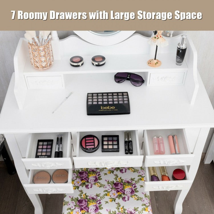 Vanity Set with Tri-Folding Mirror, 7 Storage Drawers, and Cushioned Stool - White