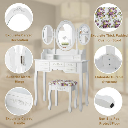 Vanity Set with Tri-Folding Mirror, 7 Storage Drawers, and Cushioned Stool - White