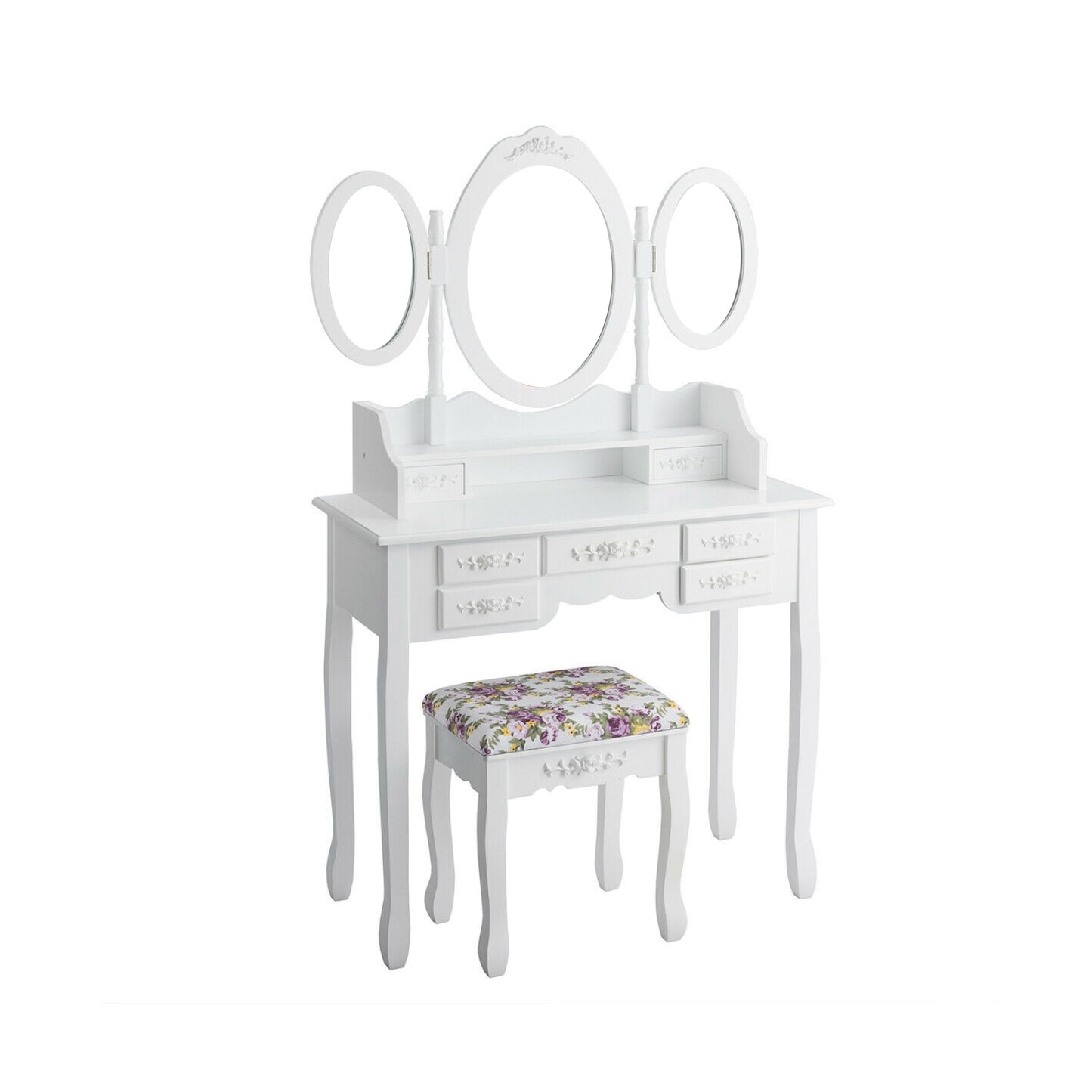 Vanity Set with Tri-Folding Mirror, 7 Storage Drawers, and Cushioned Stool - White