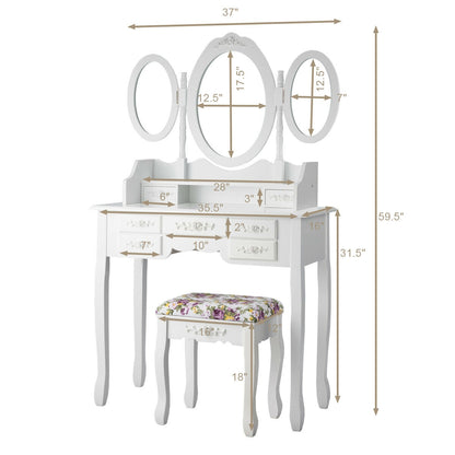Vanity Set with Tri-Folding Mirror, 7 Storage Drawers, and Cushioned Stool - White
