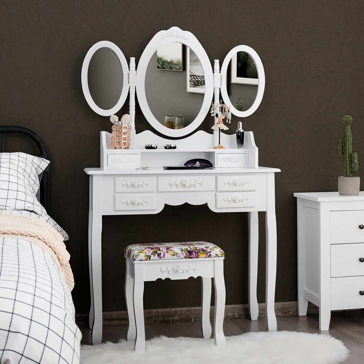 Vanity Set with Tri-Folding Mirror, 7 Storage Drawers, and Cushioned Stool - White