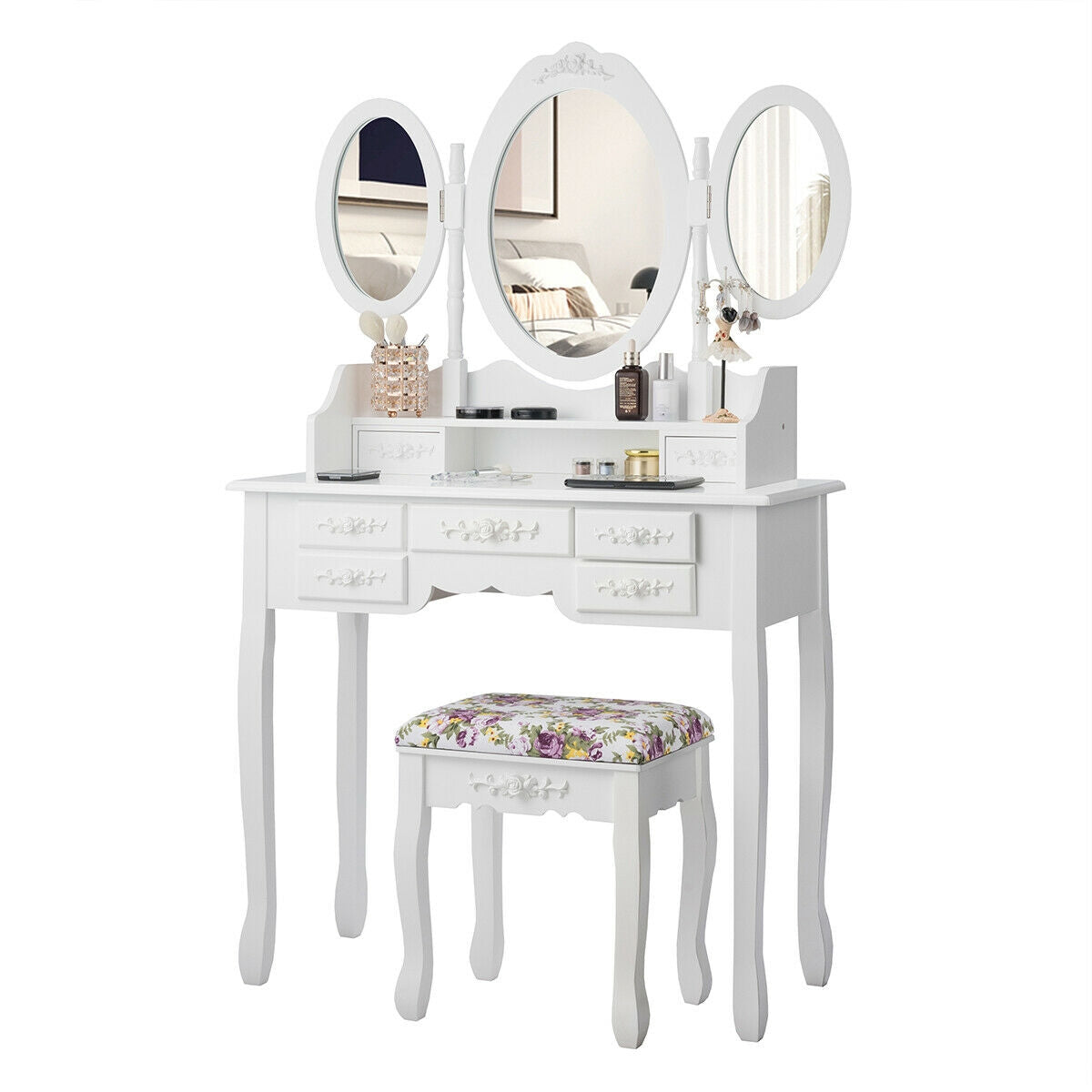 Vanity Set with Tri-Folding Mirror, 7 Storage Drawers, and Cushioned Stool - White