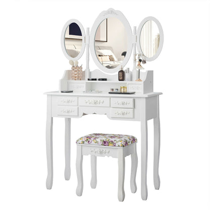 Vanity Set with Tri-Folding Mirror, 7 Storage Drawers, and Cushioned Stool - White