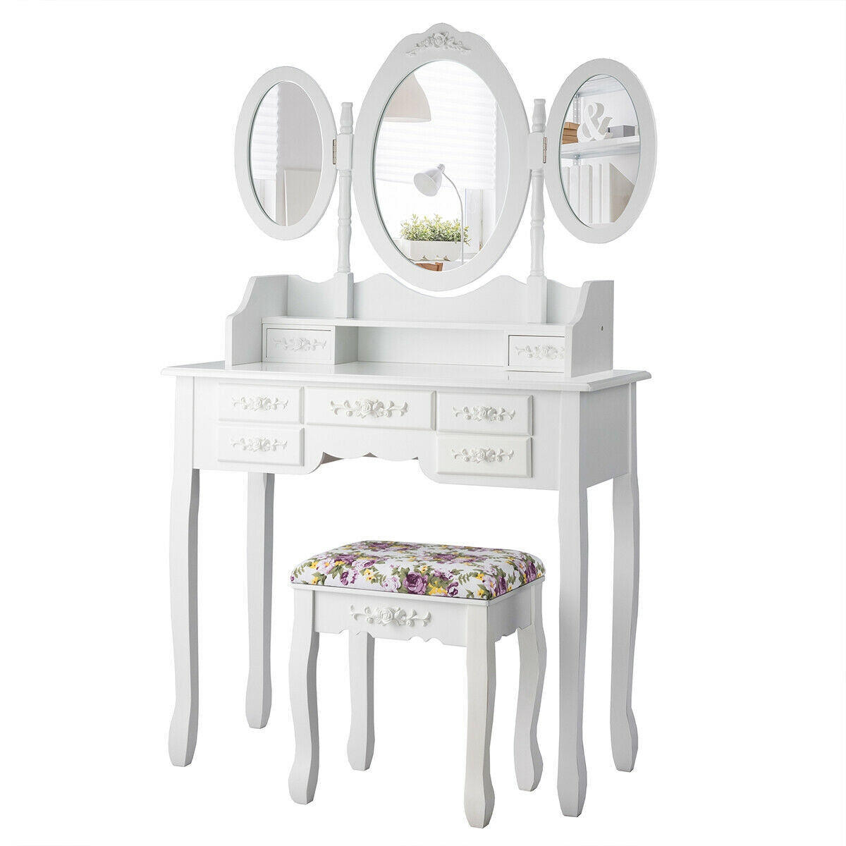 Vanity Set with Tri-Folding Mirror, 7 Storage Drawers, and Cushioned Stool - White