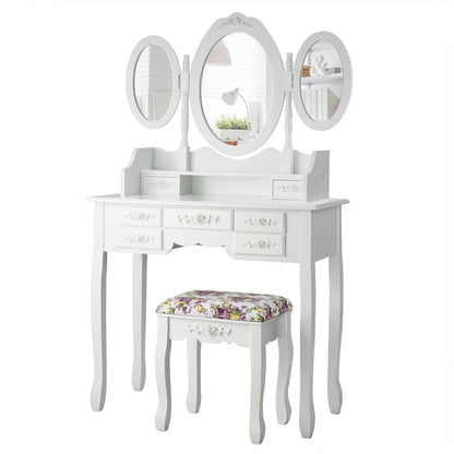 Vanity Set with Tri-Folding Mirror, 7 Storage Drawers, and Cushioned Stool - White