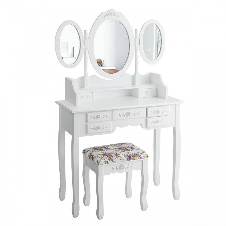 Vanity Set with Tri-Folding Mirror, 7 Storage Drawers, and Cushioned Stool - White