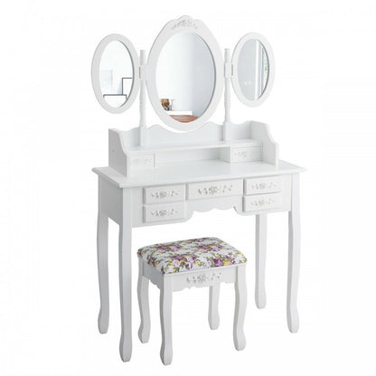 Vanity Set with Tri-Folding Mirror, 7 Storage Drawers, and Cushioned Stool - White