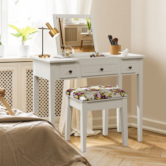 Modern Vanity Table Set with Flip Top Mirror, 3 Drawers & Stool