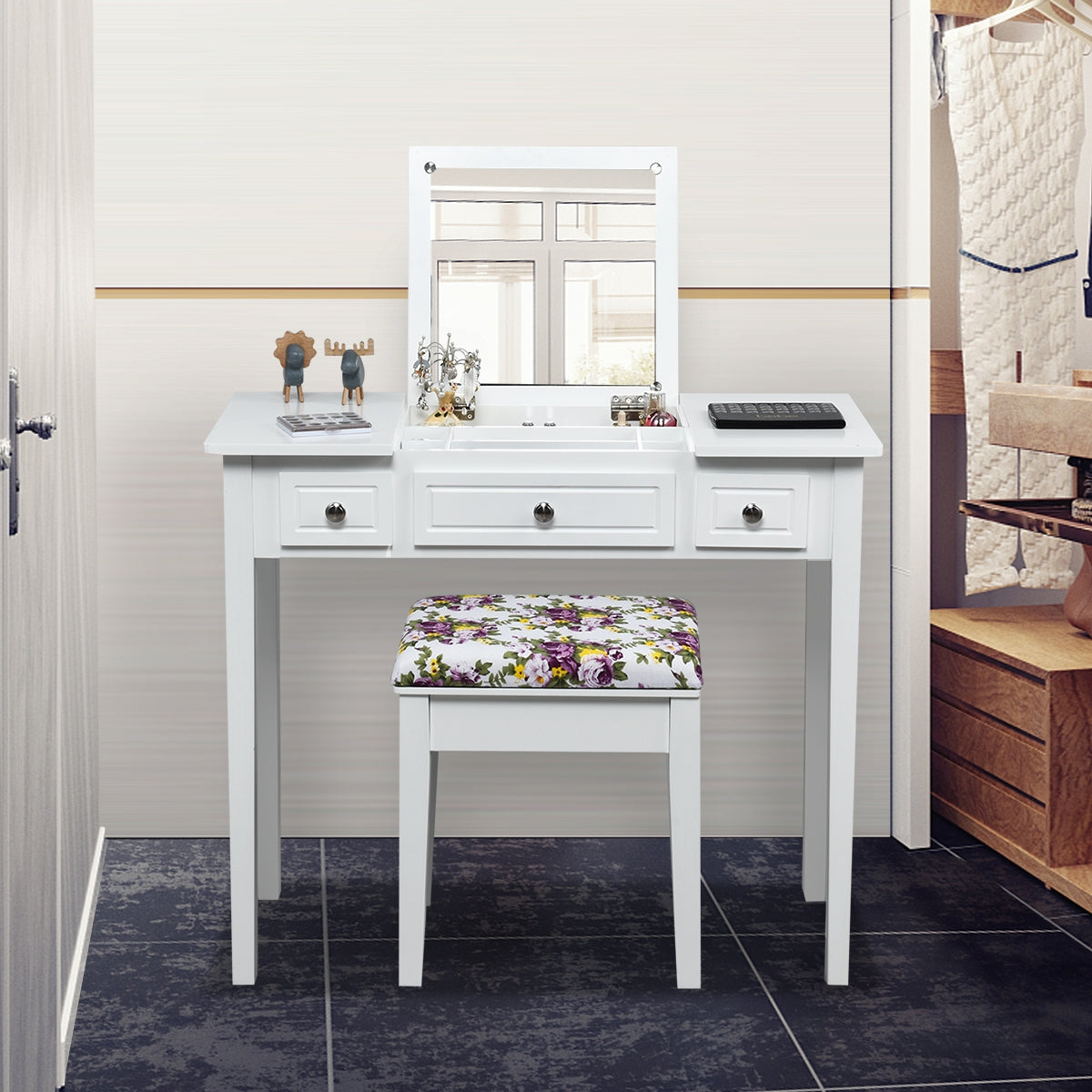 Modern Vanity Table Set with Flip Top Mirror, 3 Drawers & Stool