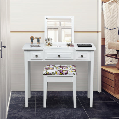 Modern Vanity Table Set with Flip Top Mirror, 3 Drawers & Stool